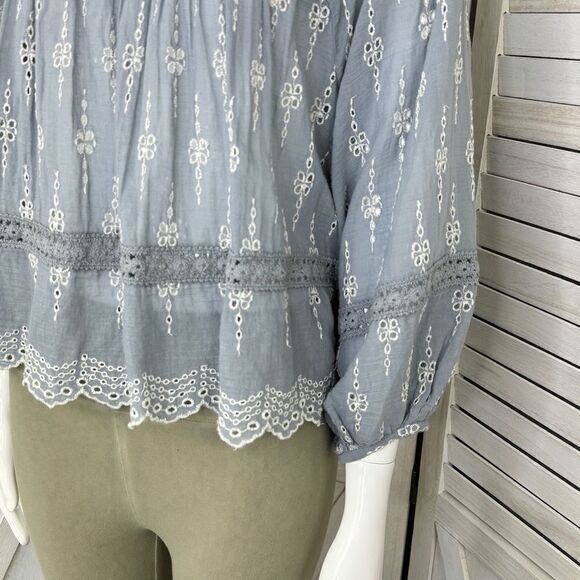 American Eagle Eyelet Embroidered Peasant Blouse Blue White XS Cropped - Picture 8 of 14